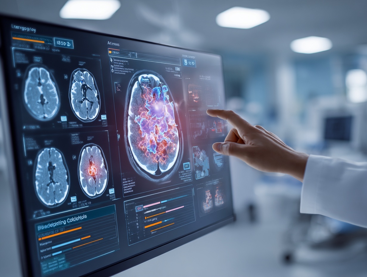 infographic showing AI analyzing CT scans and prioritizing patient triage
