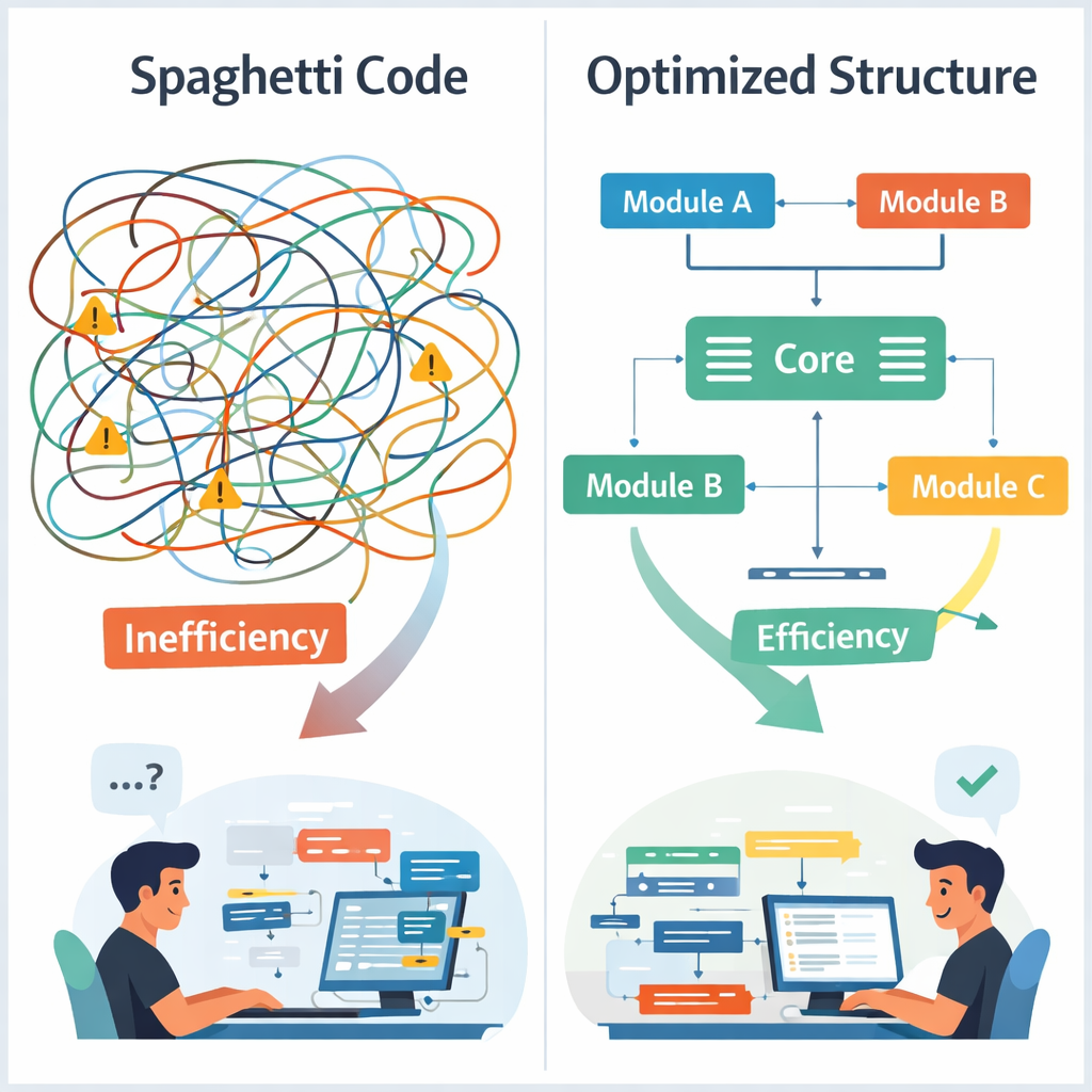 infographic showing inefficient vs efficient code structures
