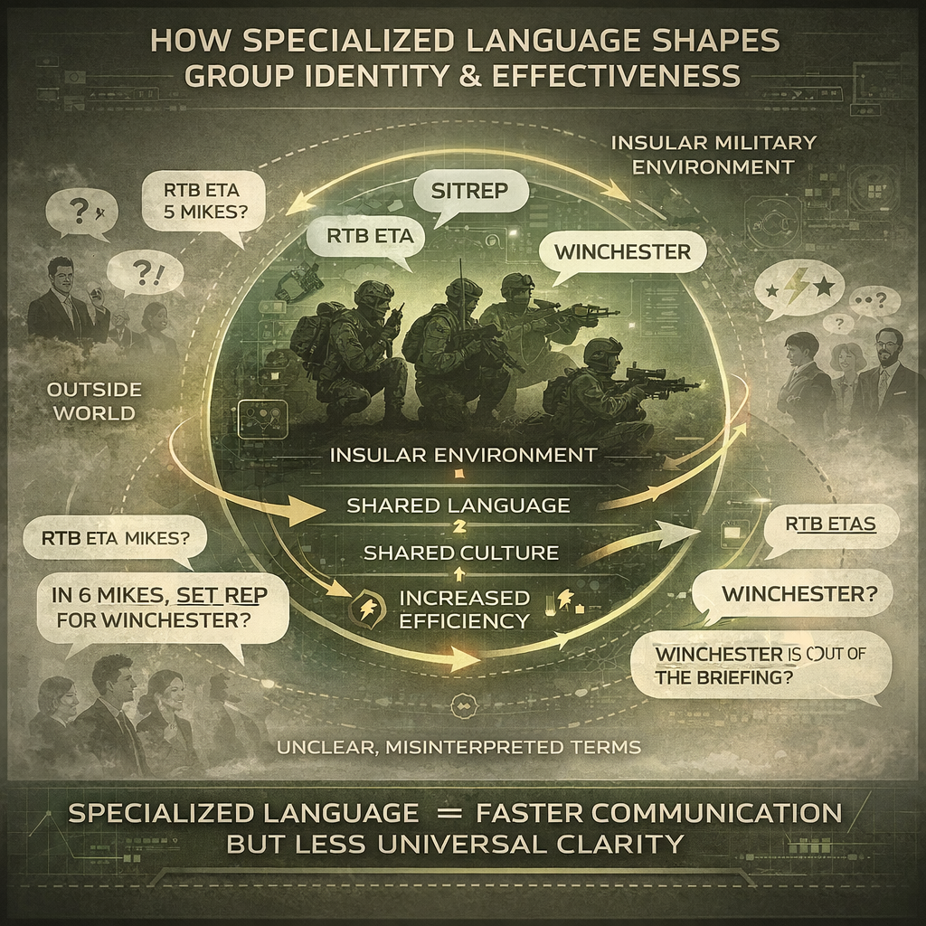 infographic showing specialized language shaping group identity and efficiency
