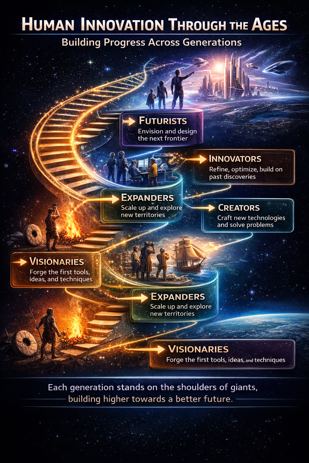 infographic showing layers of technological advancement building on each other over time
