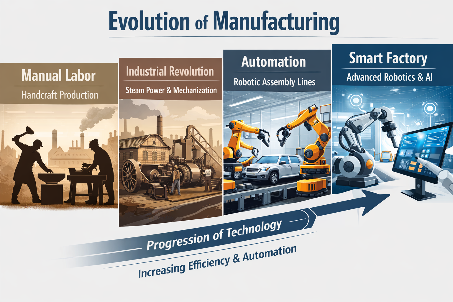infographic showing transition from human assembly lines to robotic automation
