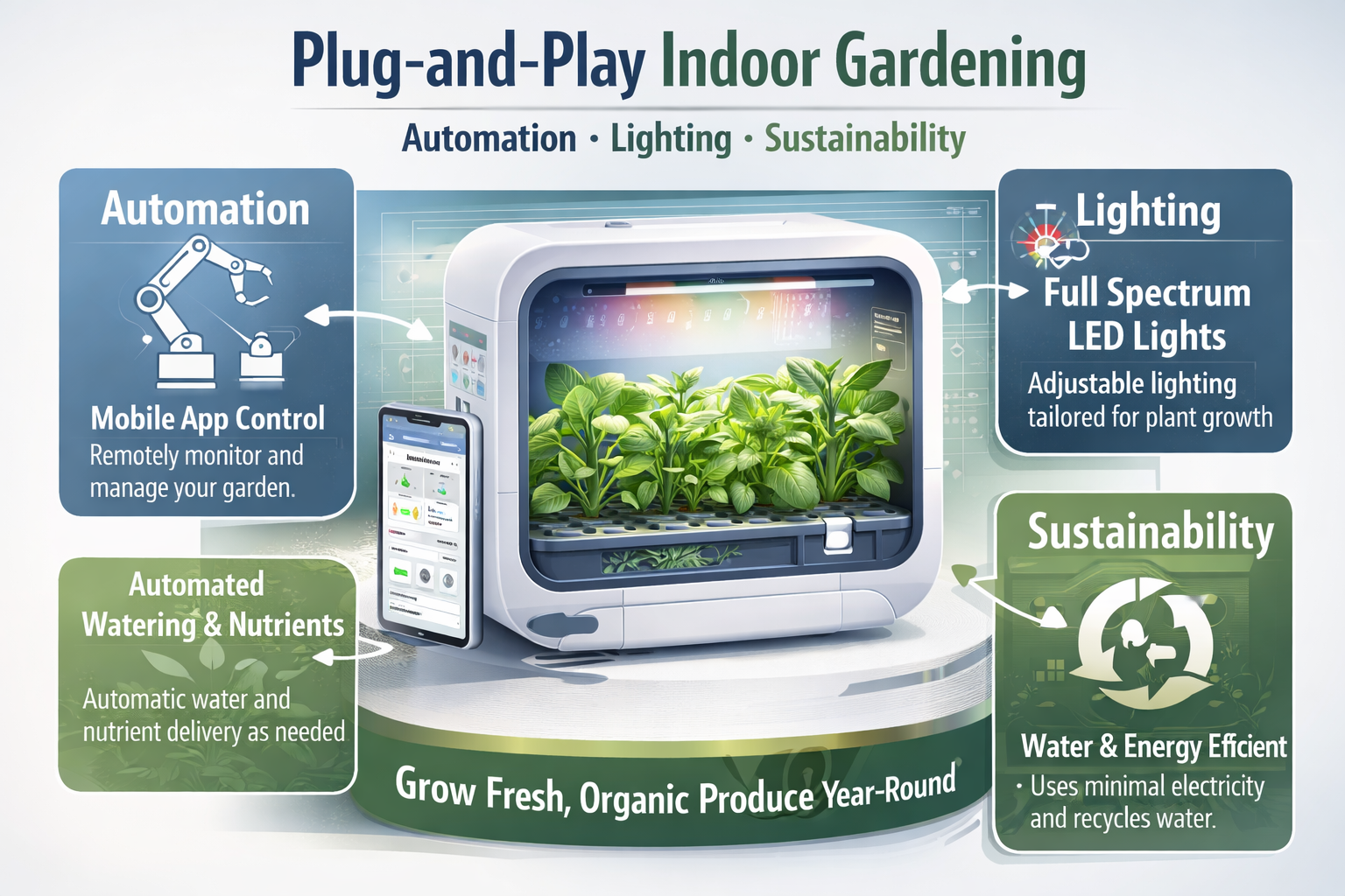 infographic showing indoor modular gardening system with lighting and nutrient pods
