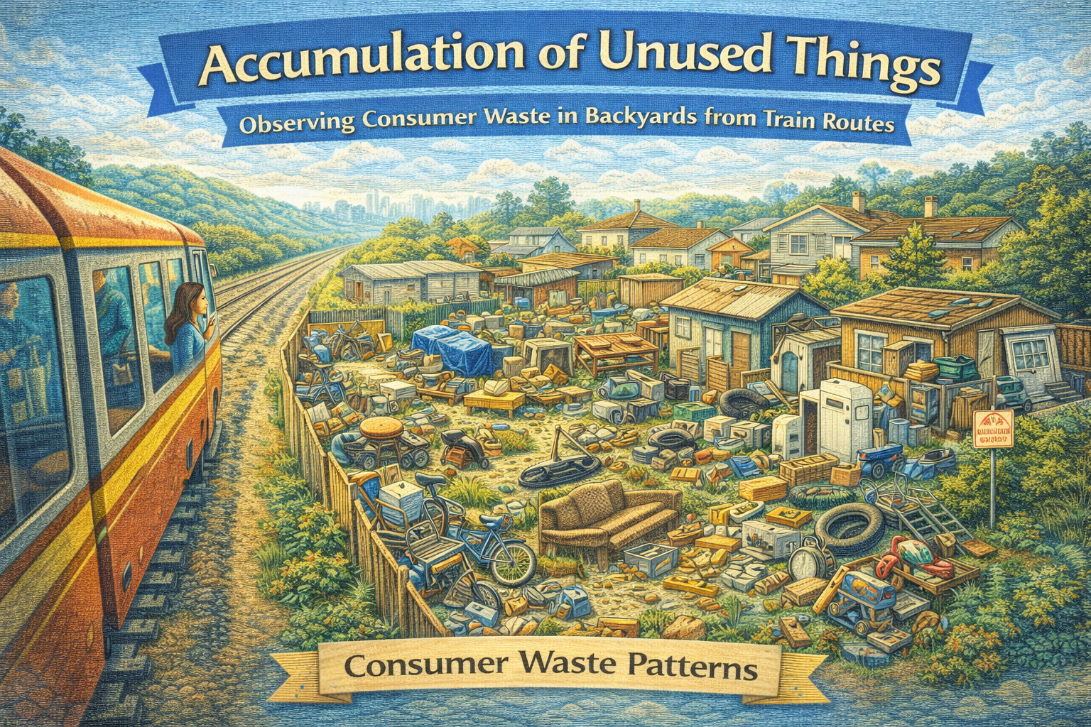 Residential backyard clutter seen from train tracks
