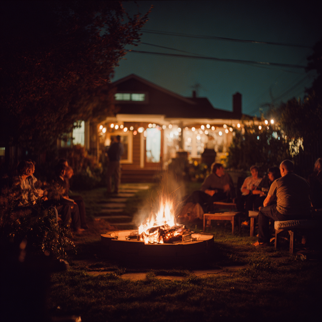 Cozy backyard fire pit at night with friends sitting around talking and laughing, warm lighting, suburban home in background, documentary photography style, symbolizing simple measures of personal success and stability.
