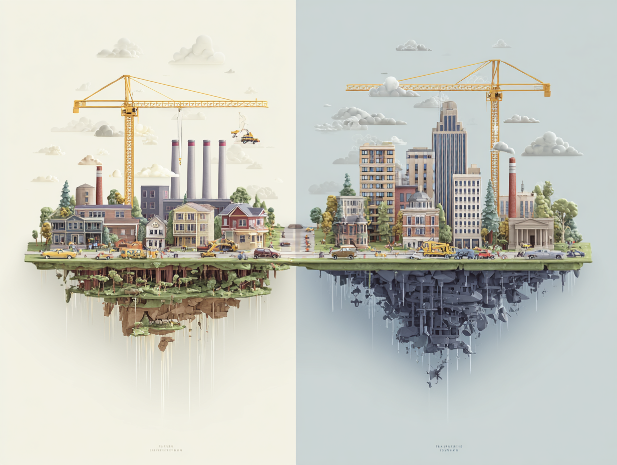 Infographic comparing economic migration patterns in the United States, split design showing declining northern industrial towns versus rapidly growing southern cities with cranes and new development, clean editorial style.
