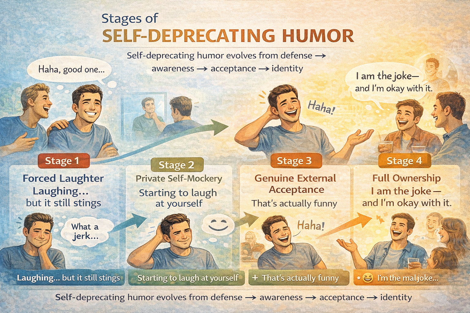 Stages of self-deprecating humor