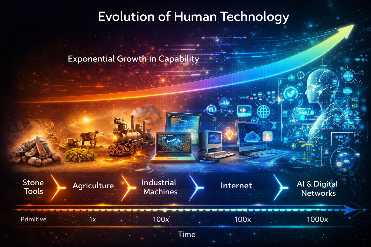infographic showing evolution of human technology, from early tools to modern digital systems
