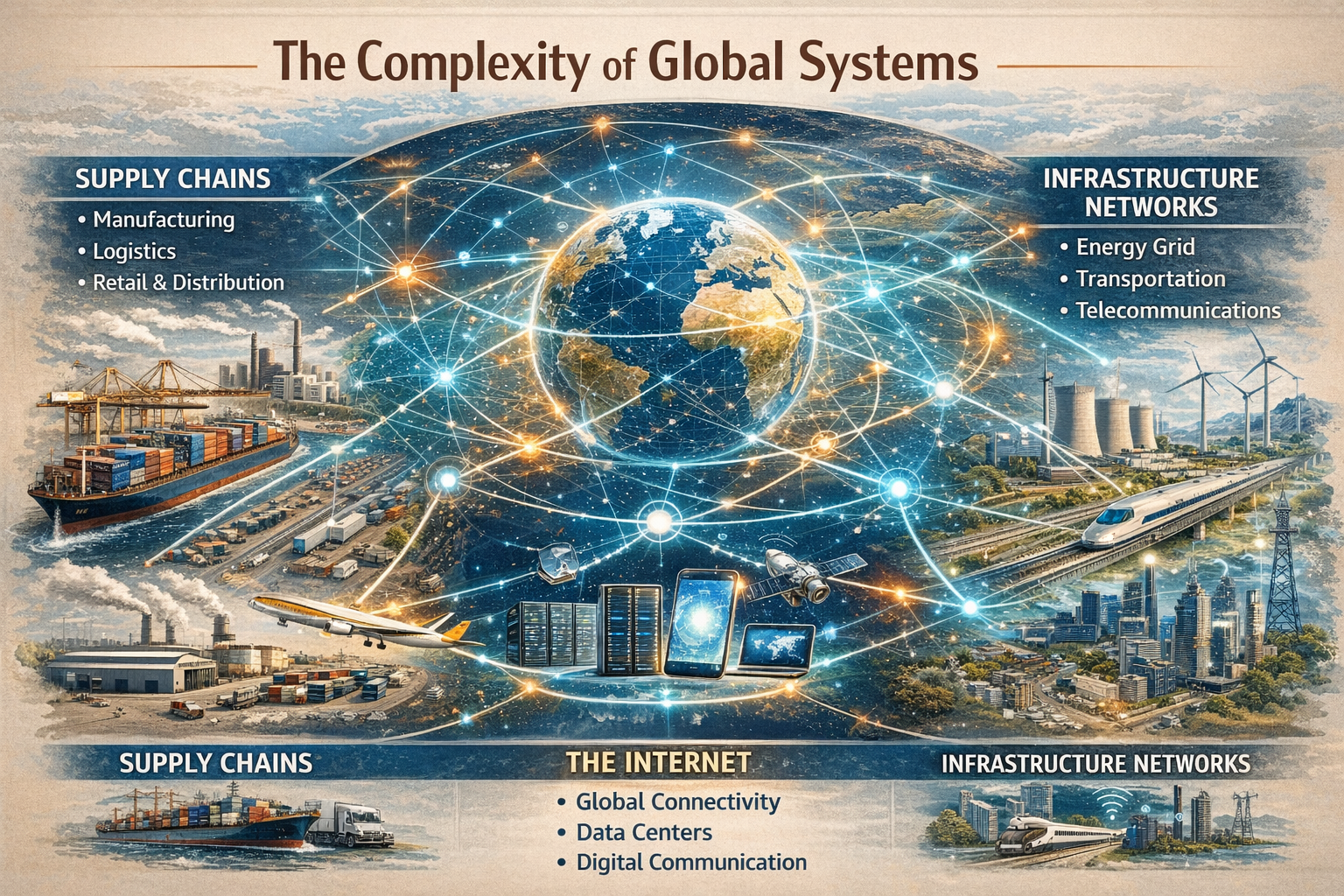 infographic illustrating complexity of global systems, including supply chains, internet, and infrastructure networks
