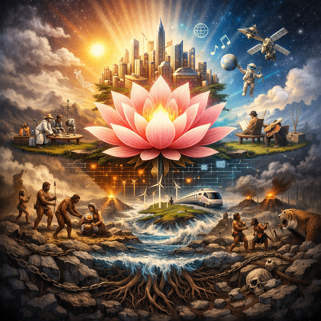 infographic showing lotus metaphor for humanity, rising from chaos into technological and cultural advancement
