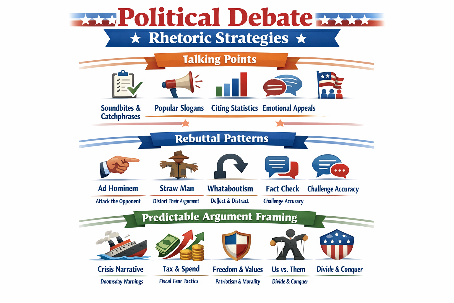infographic comparing political debate rhetoric strategies, showing talking points, rebuttal patterns, and predictable argument framing
