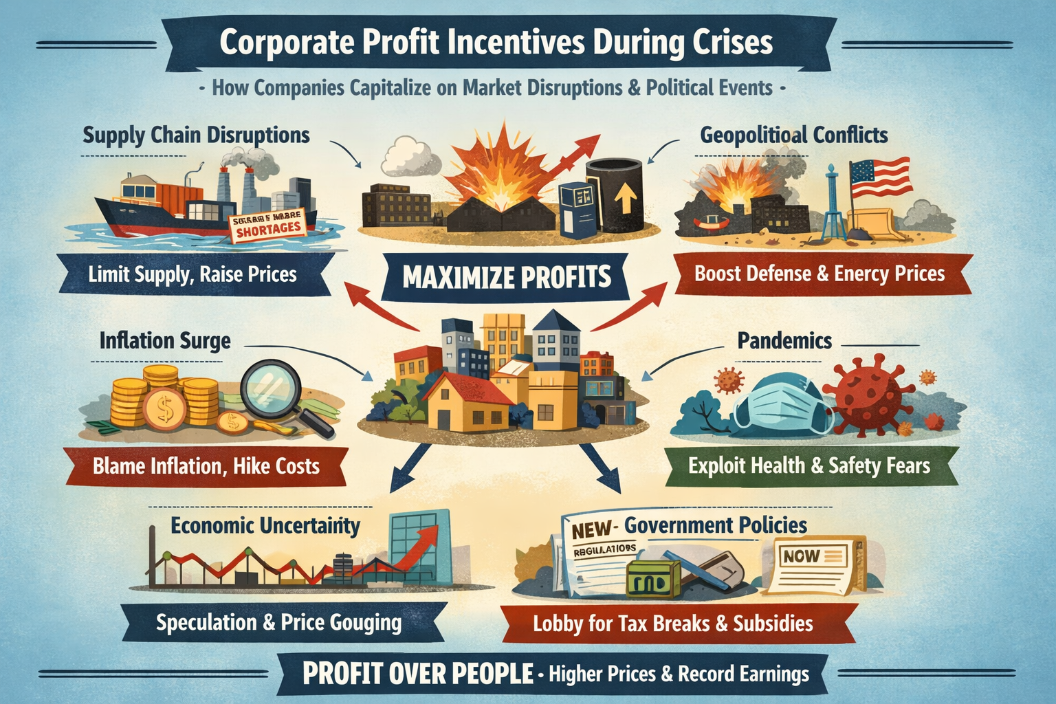 infographic illustrating corporate profit incentives during crises, showing how companies capitalize on market disruptions and political events