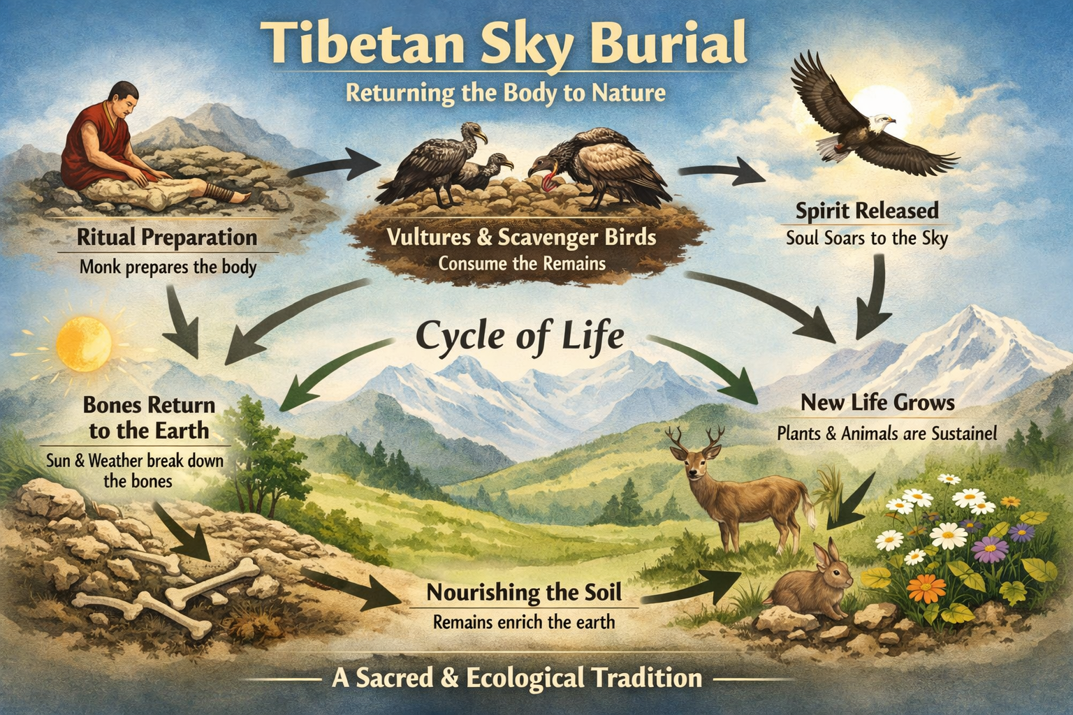 infographic explaining Tibetan sky burial tradition, showing ecological cycle where scavenger birds return human remains to nature