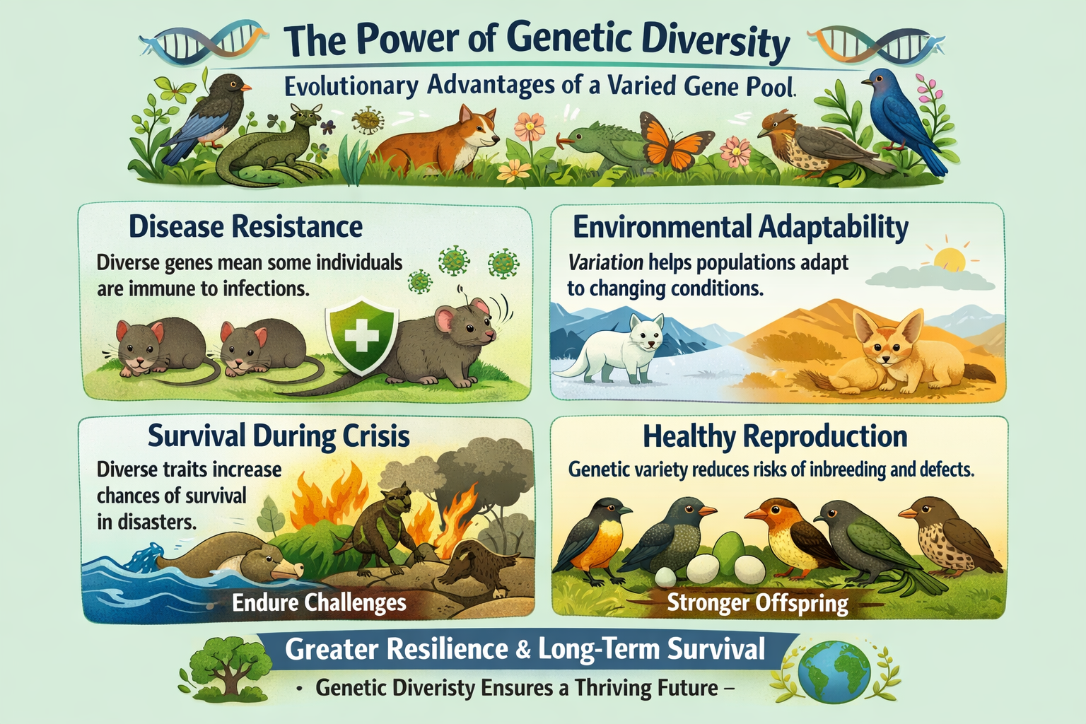 infographic illustrating evolutionary advantages of genetic diversity, showing how variation in the gene pool strengthens species survival