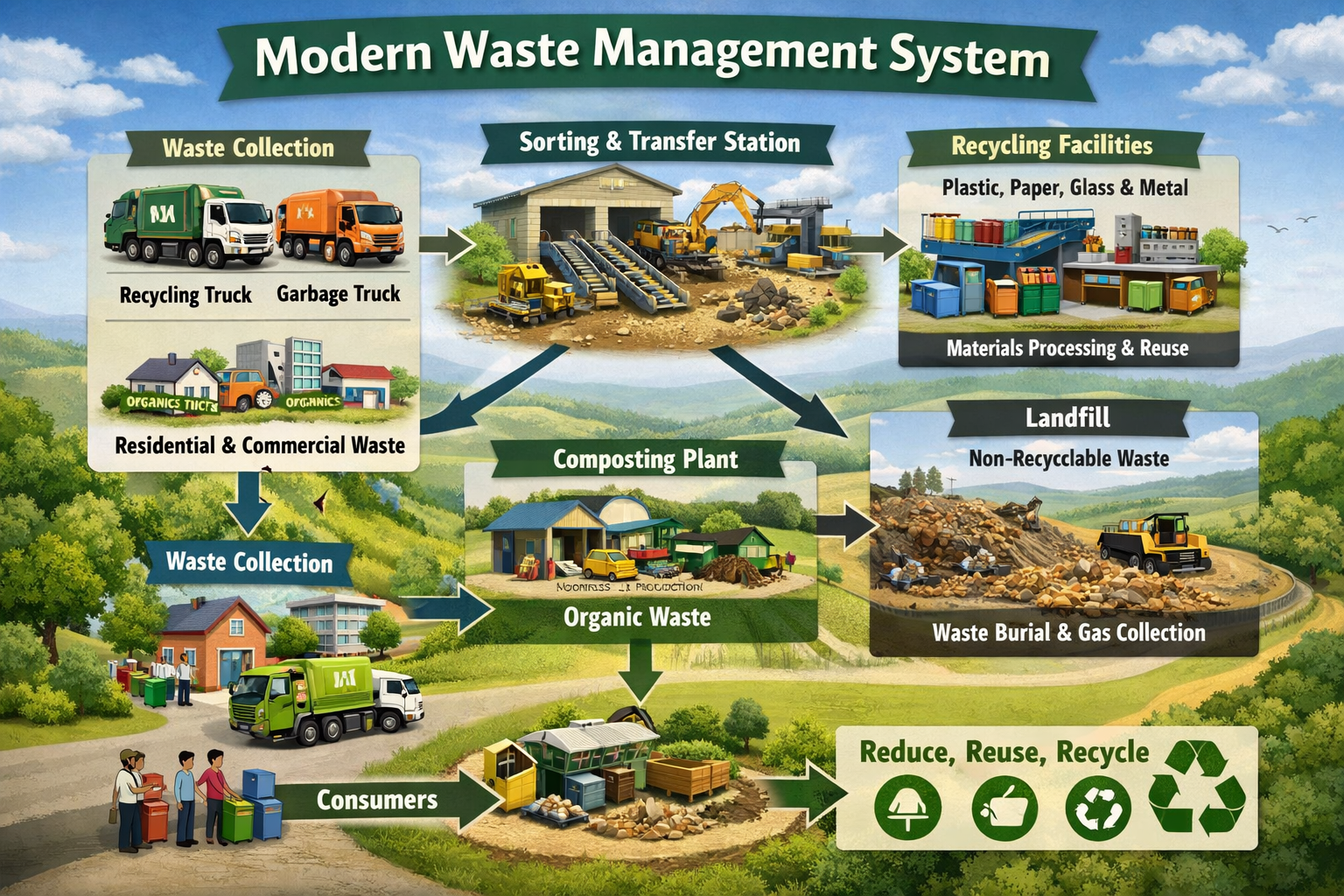 infographic illustrating the modern waste management system, showing collection trucks, landfills, recycling facilities, and consumer waste flow