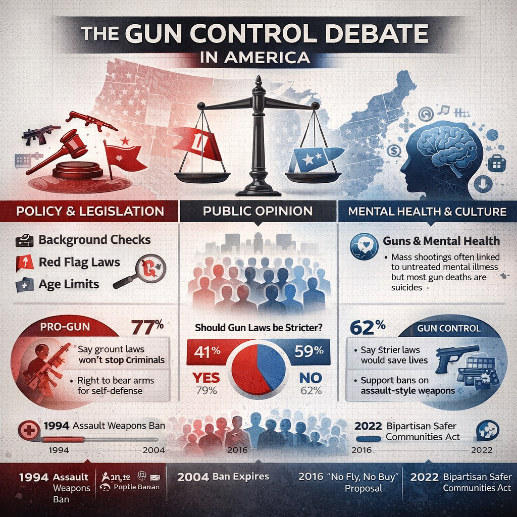 infographic showing cultural debate around gun control, including legislation, public opinion, and mental health factors
