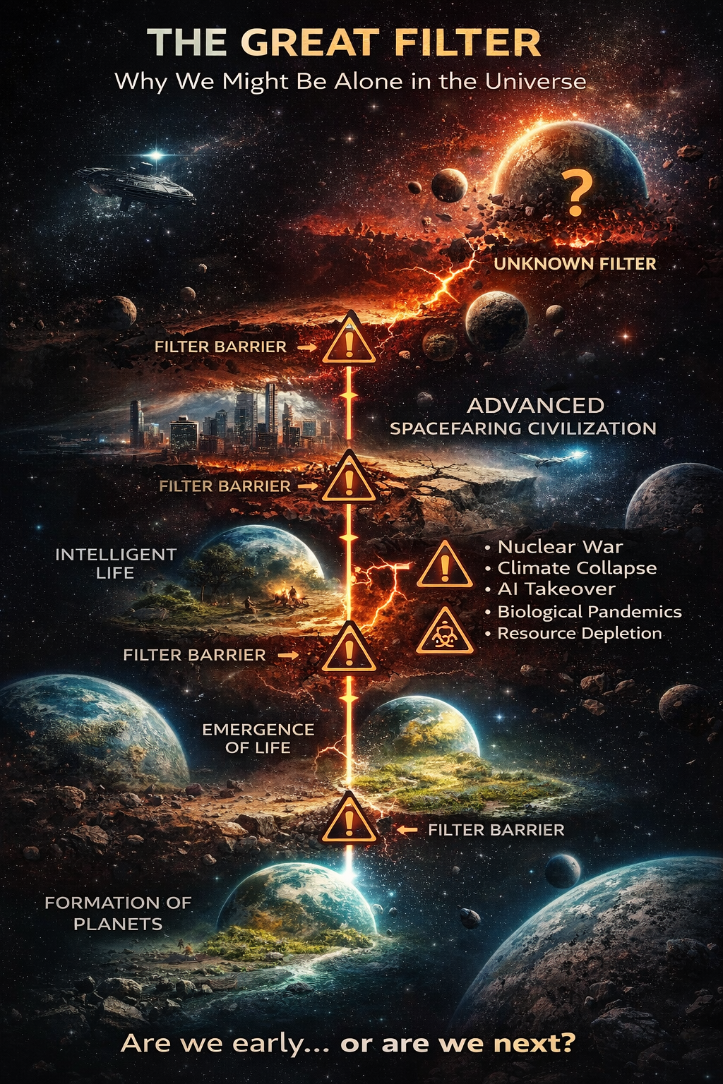infographic illustrating the great filter theory, showing stages of civilization development and potential collapse points
