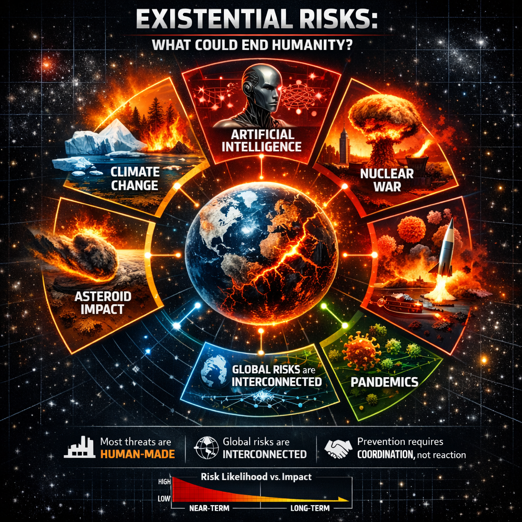 infographic showing major existential risks, including climate change, AI, nuclear war, and pandemics
