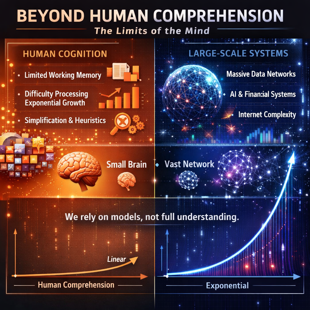 infographic illustrating limits of human cognition vs large-scale systems, showing complexity exceeding human comprehension

