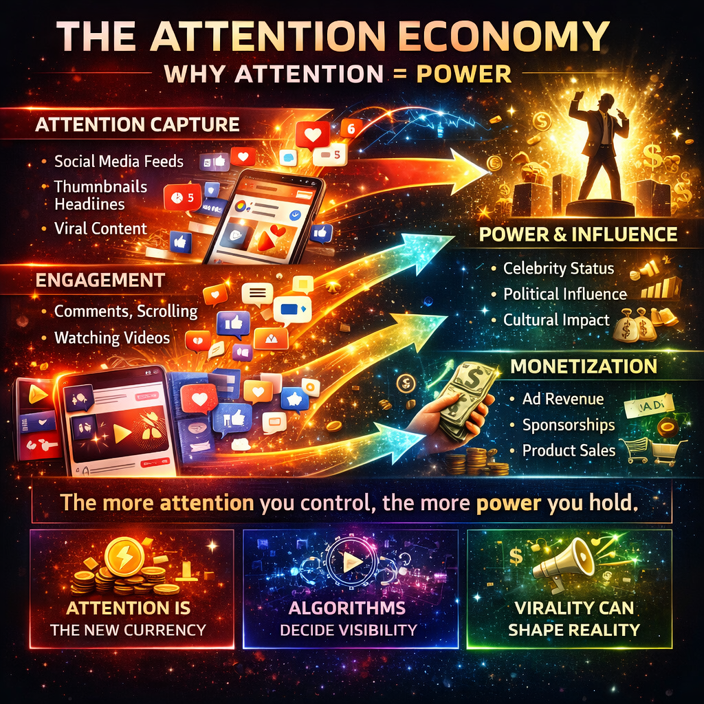 infographic illustrating attention economy, showing how media exposure translates into influence and revenue

