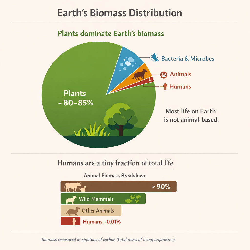 infographic showing Earth's biomass distribution, highlighting dominance of plant life over animals and humans
