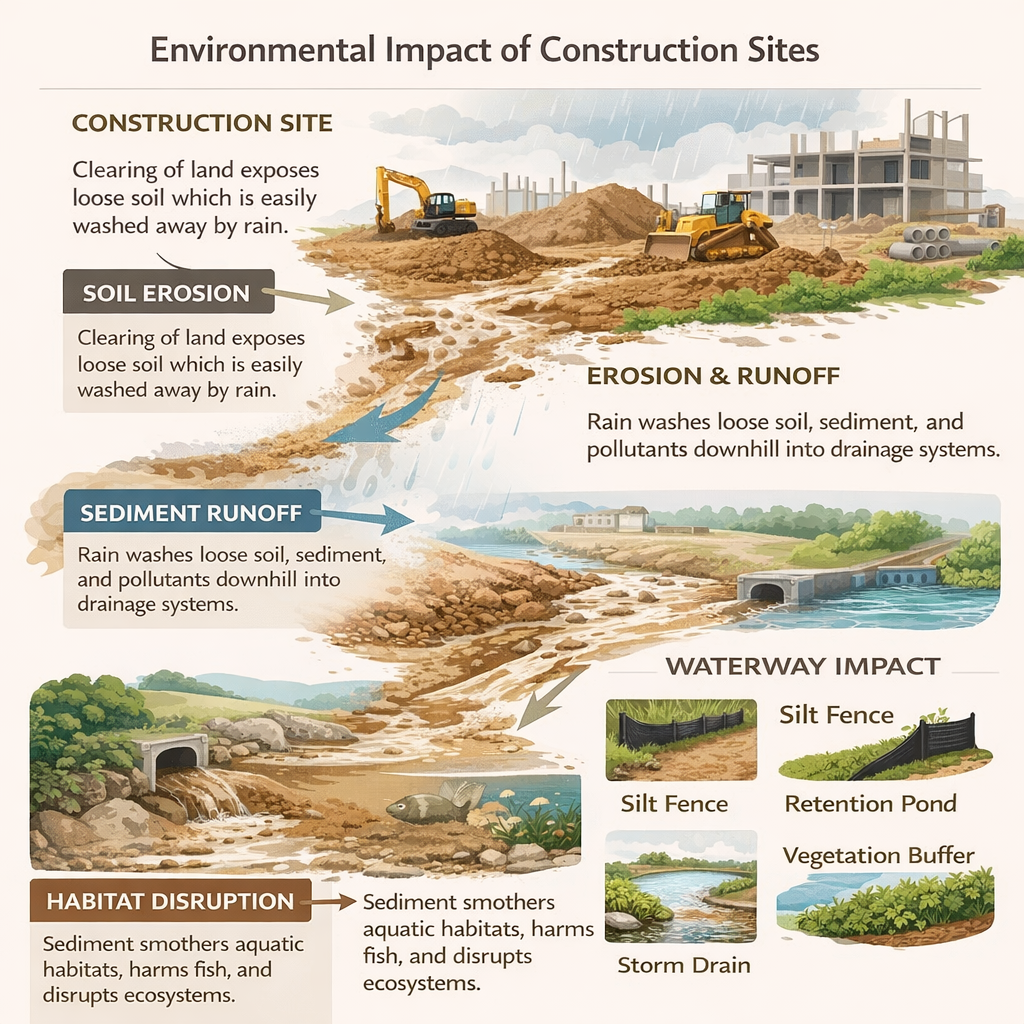 infographic illustrating construction site environmental impact, including erosion, runoff, and sediment flow into waterways
