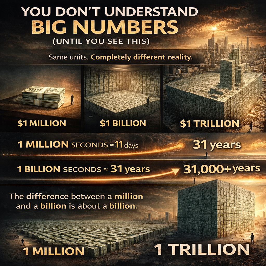 infographic illustrating scale comparison, showing visual representations of millions vs billions vs trillions
