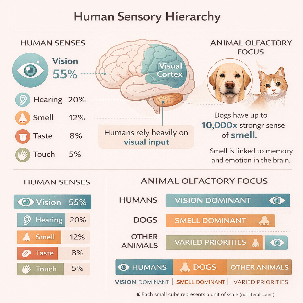 infographic illustrating human sensory hierarchy, comparing visual dominance vs olfactory processing

