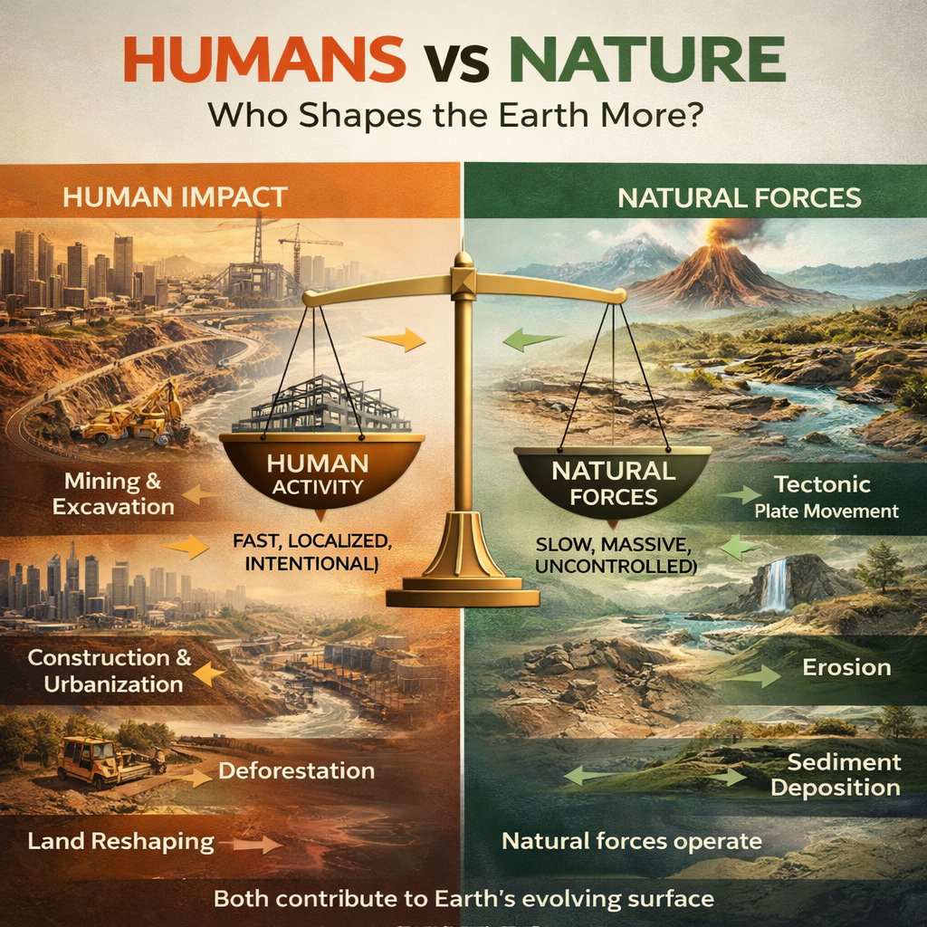 infographic showing human vs natural geological forces, including mining, construction, erosion, and tectonic activity
