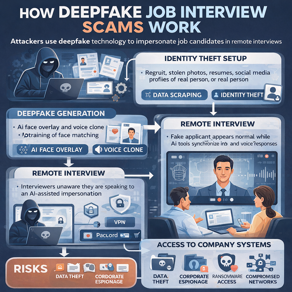 infographic showing how deepfake interview scams work, including AI-generated face overlays, voice synthesis, and remote hiring vulnerabilities
