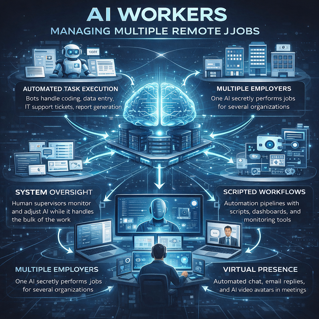 infographic illustrating concept of AI workers managing multiple automated remote jobs simultaneously through bots and scripts

