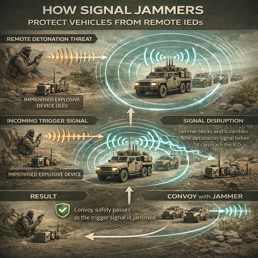 infographic explaining radio signal jamming used in military vehicles to block remote detonators for improvised explosive devices
