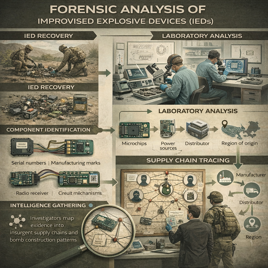 infographic showing forensic analysis of improvised explosive devices, including circuit boards, detonators, and component tracing
