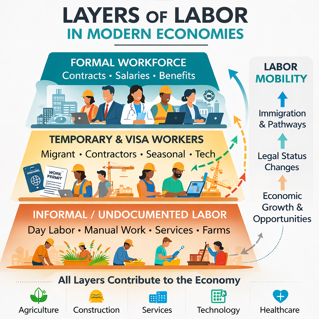 infographic illustrating layered labor systems in modern economies, including formal workforce, visa workers, and undocumented labor
