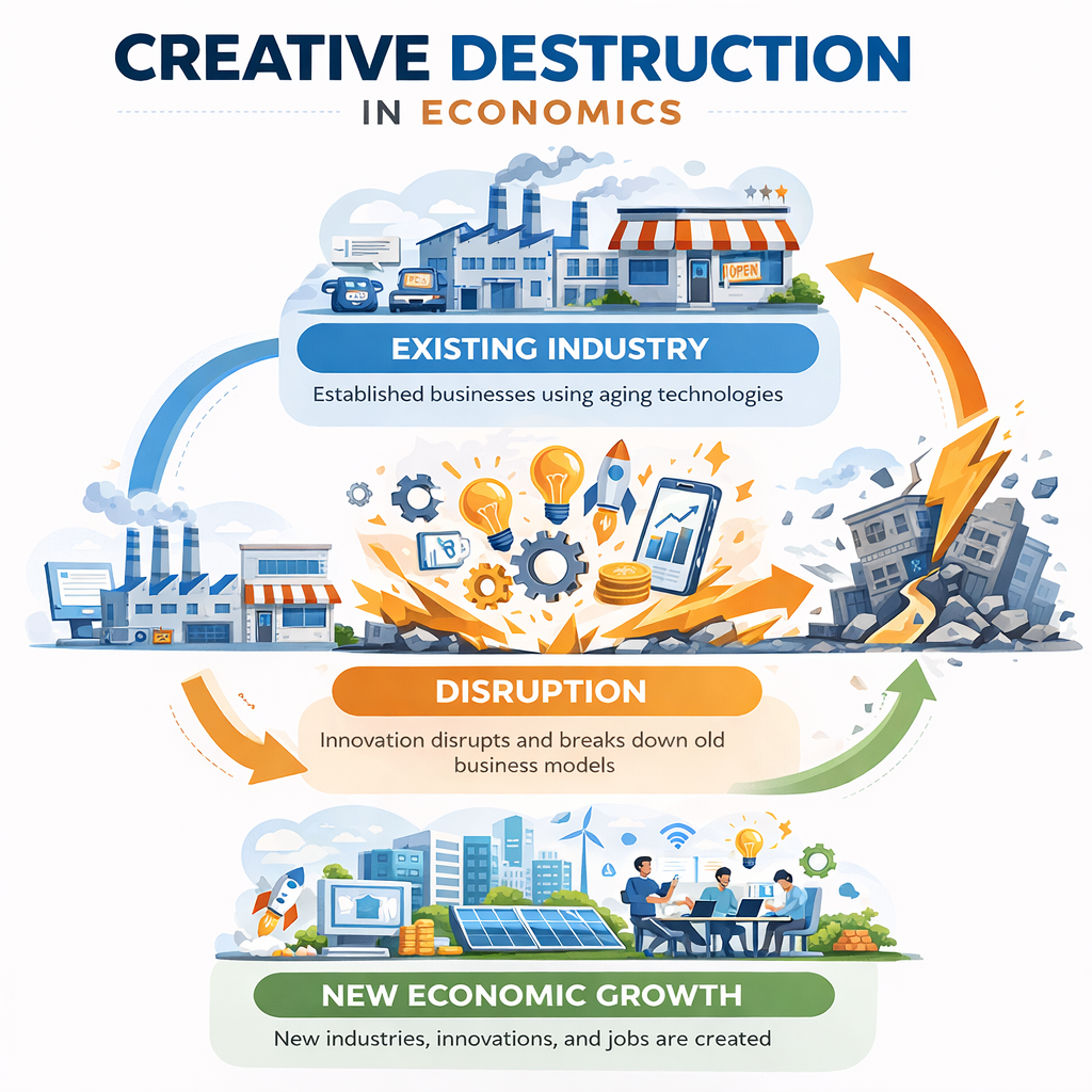 infographic explaining concept of creative destruction in economics, where disruption generates new industries and economic activity
