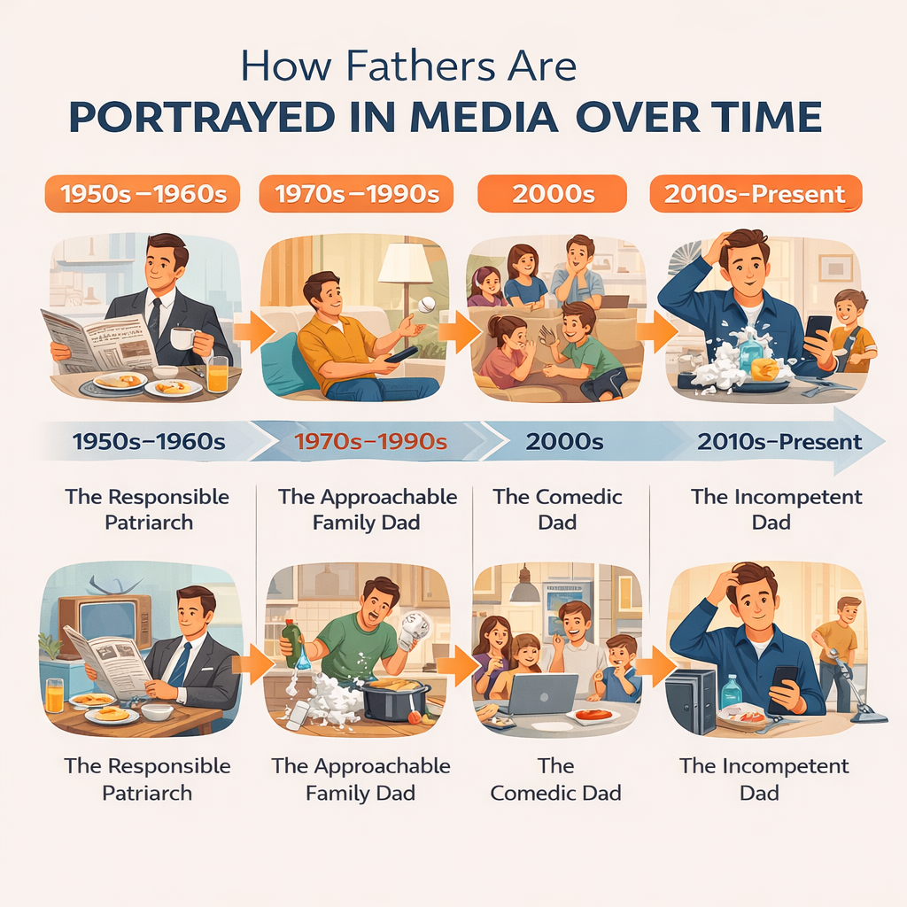 infographic comparing father portrayals in media across decades, from responsible patriarch in 1950s sitcoms to comedic incompetent dad trope in modern commercials
