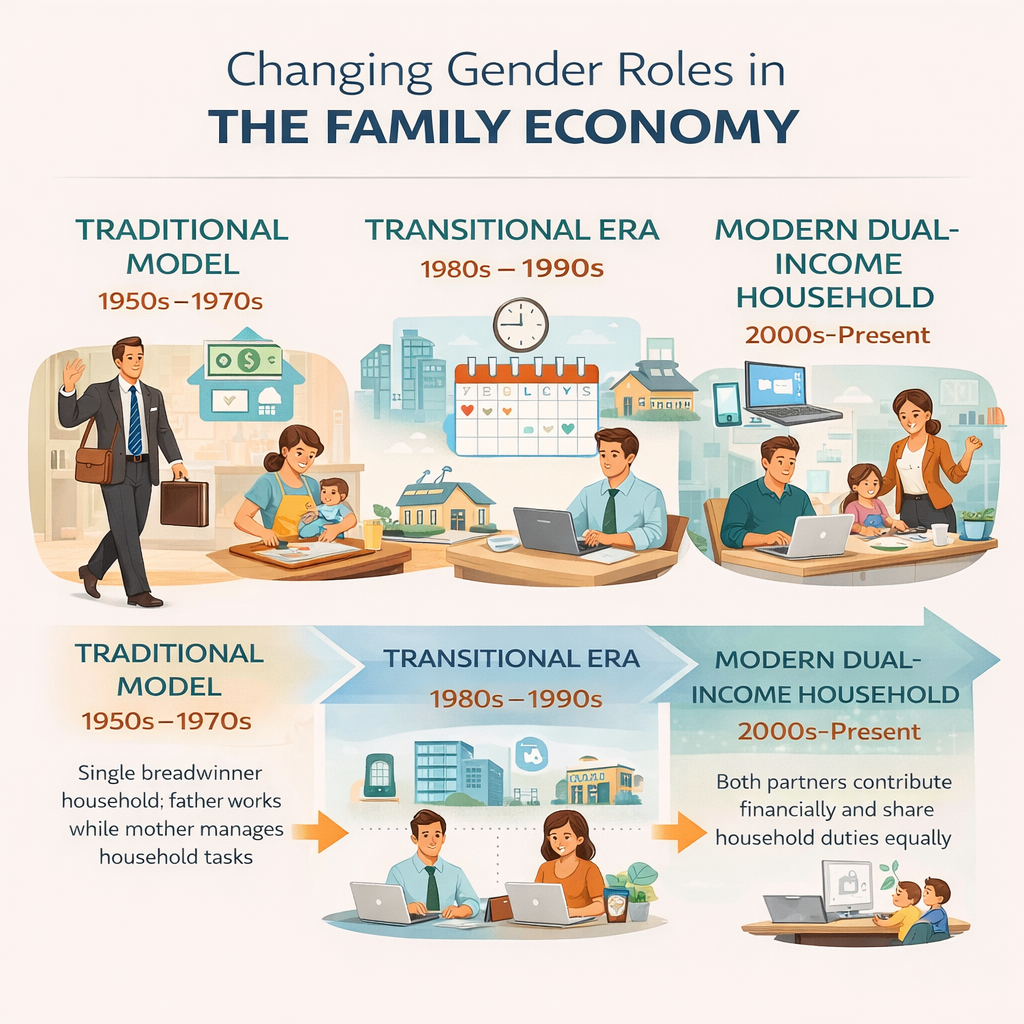 infographic showing cultural shift in gender roles, timeline comparing traditional breadwinner model to modern dual-income households
