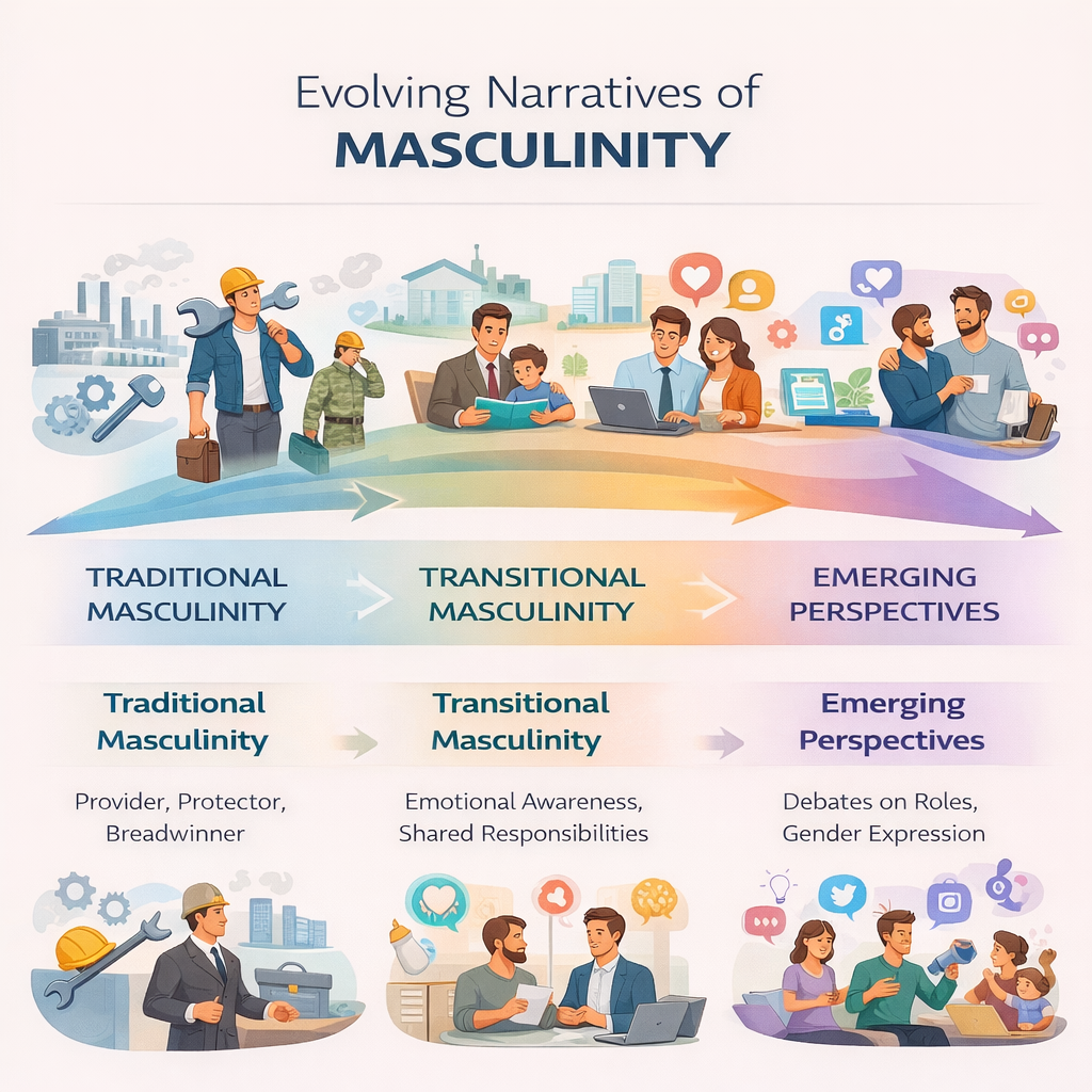 infographic illustrating spectrum of masculinity narratives, from traditional masculinity to modern critiques and evolving roles
