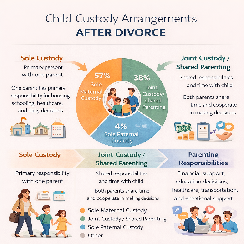 infographic showing custody arrangements in family courts, percentages of sole custody, joint custody, and parental responsibilities
