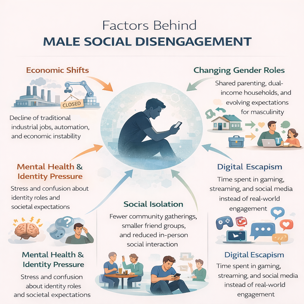 infographic showing potential factors in male social disengagement, including economic shifts, changing gender roles, social isolation, and digital escapism
