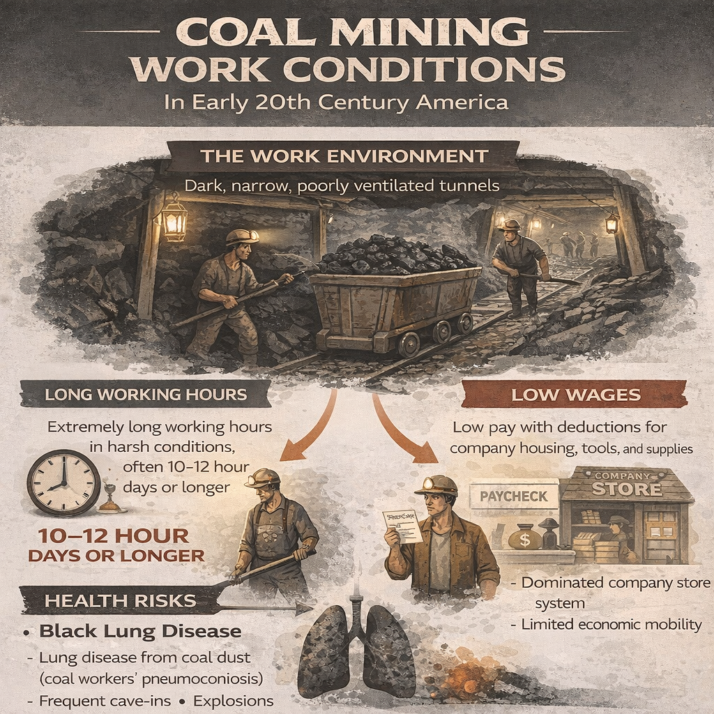 infographic illustrating working conditions in early 20th century coal mining, including long hours, low wages, and health risks like black lung disease

