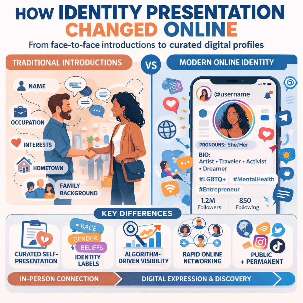 infographic comparing online identity presentation, traditional introductions vs modern social media identity categories
