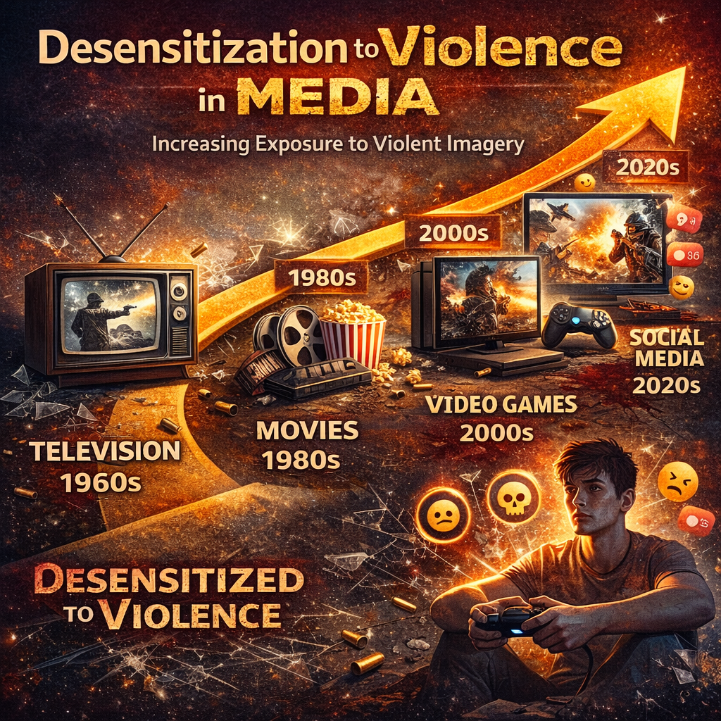 infographic showing desensitization to violence in media, timeline of television, movies, video games, and social media increasing exposure to violent imagery

