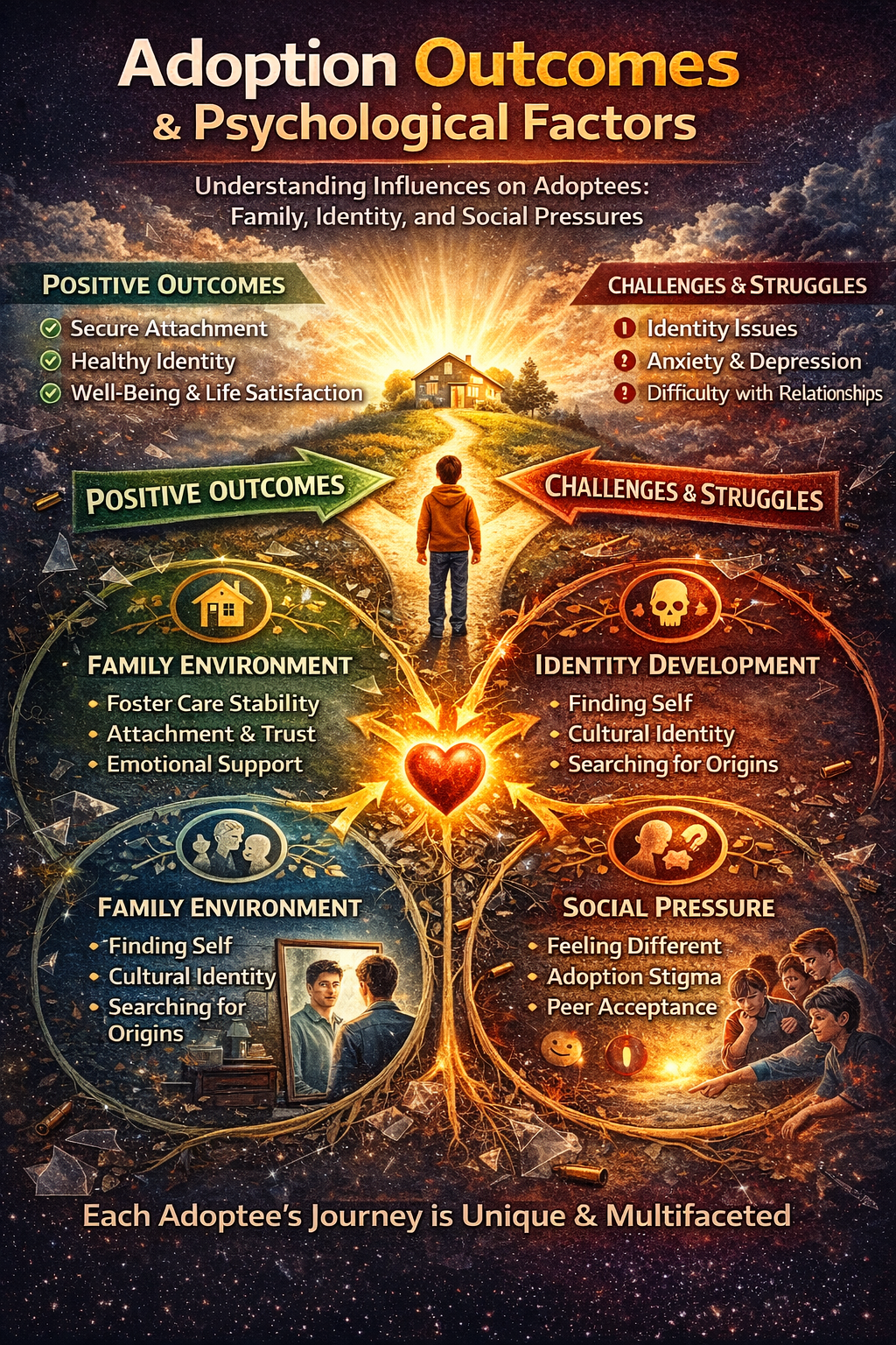 infographic explaining adoption outcomes and psychological factors, including family environment, identity development, and social pressure
