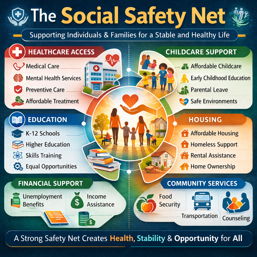 infographic showing components of a social safety net, healthcare access, childcare support, education, and housing
