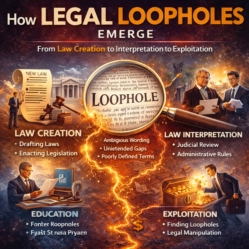 infographic showing how legal loopholes emerge in legislation, process from law creation to interpretation to exploitation
