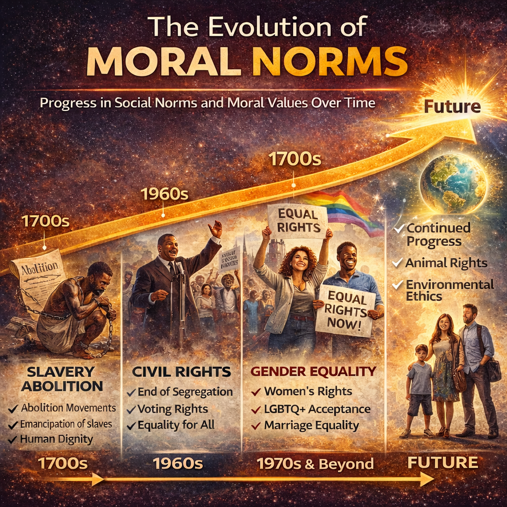 infographic showing evolution of moral norms over centuries, including slavery abolition, civil rights, gender equality

