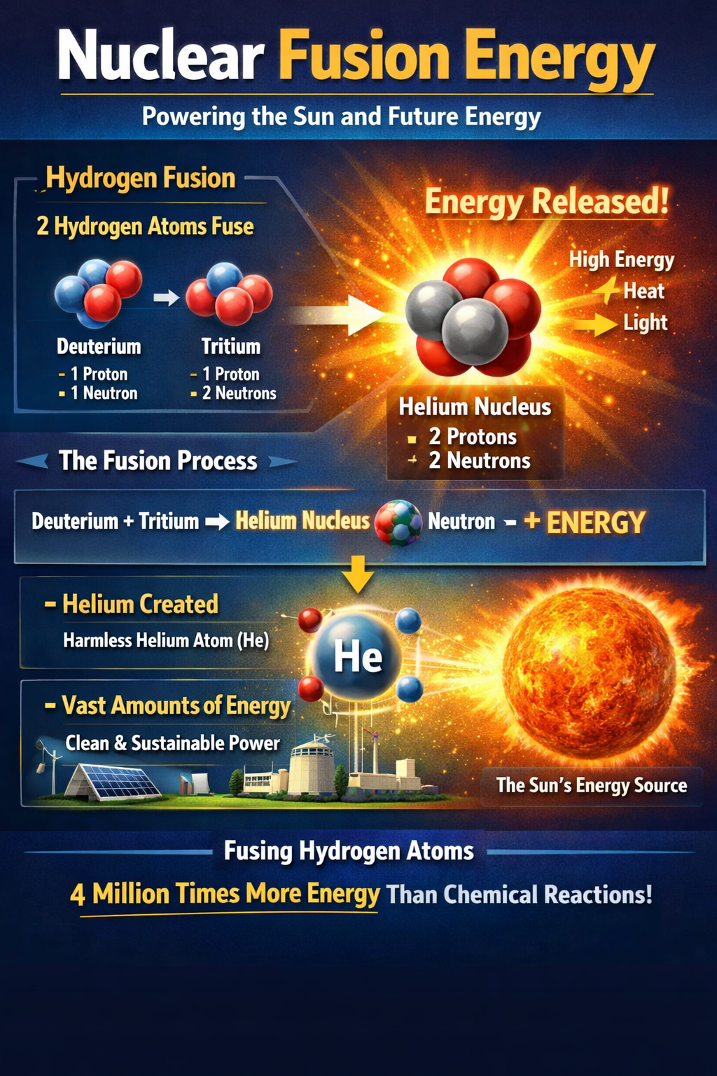 infographic explaining nuclear fusion energy, hydrogen atoms fusing into helium and releasing energy
