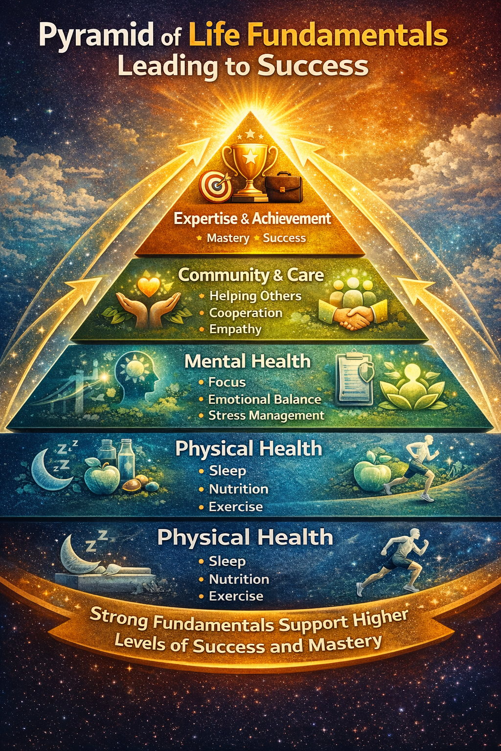 infographic showing a pyramid of life fundamentals leading to success, base layer labeled physical health (sleep, nutrition, exercise), second layer mental health (focus, emotional balance, stress management), third layer community care (helping others, cooperation, empathy), top layer expertise and achievement
