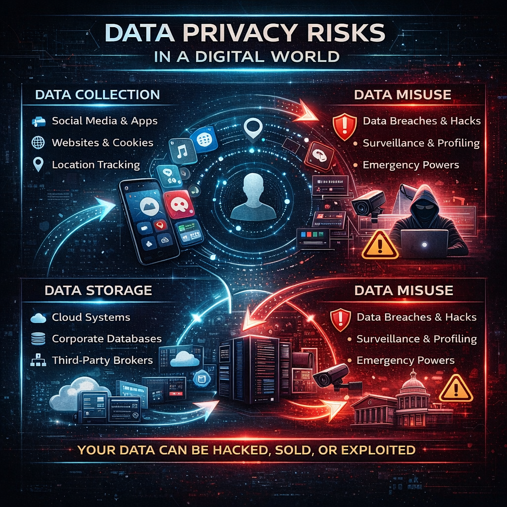 infographic illustrating data privacy risks, including surveillance, data tracking, and misuse during crises
