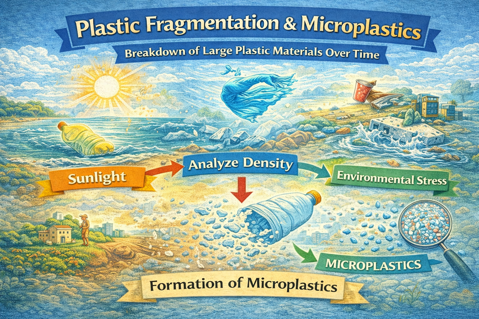 Plastic breaking down under environmental exposure